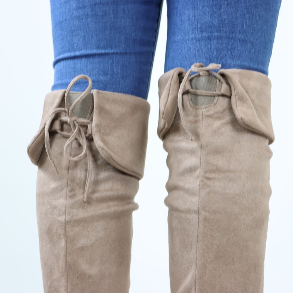 Fold Over Taupe Thigh High Over The Knee Flat No Heel Boots Faux Suede Pointed - Picture 9 of 14